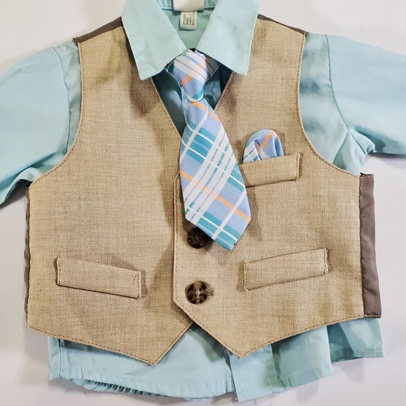 K1288 * Starting Out Boys 4pc Suit Tan Blue Size 3/6M - Picture 6 of 12